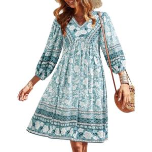 BTFBM Women Casual Spring Summer Dresses V Neck 3/4 Long Sleeve Ruffle Floral Flowy Boho Babydoll Mini Short Beach Dress(Floral Blue White)
