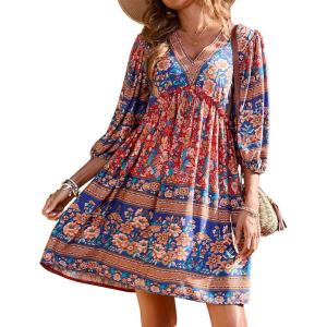 BTFBM Women Casual Spring Summer Dresses V Neck 3/4 Long Sleeve Ruffle Floral Flowy Boho Babydoll Mini Short Beach Dress(Floral Red)