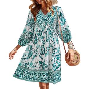 BTFBM Women Casual Spring Summer Dresses V Neck 3/4 Long Sleeve Ruffle Floral Flowy Boho Babydoll Mini Short Beach Dress(Floral White Blue)
