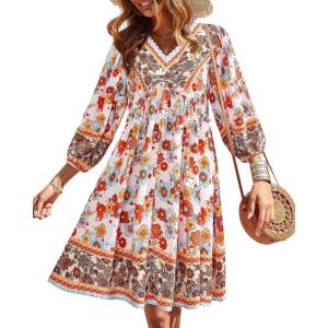 BTFBM Women Casual Spring Summer Dresses V Neck 3/4 Long Sleeve Ruffle Floral Flowy Boho Babydoll Mini Short Beach Dress(Floral White Red)