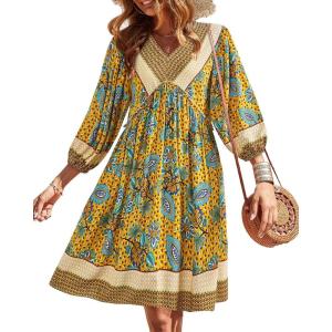 BTFBM Women Casual Spring Summer Dresses V Neck 3/4 Long Sleeve Ruffle Floral Flowy Boho Babydoll Mini Short Beach Dress(Floral Yellow Apricot)
