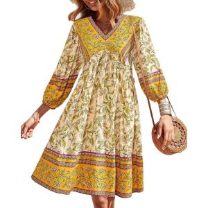 BTFBM Women Casual Spring Summer Dresses V Neck 3/4 Long Sleeve Ruffle Floral Flowy Boho Babydoll Mini Short Beach Dress(Floral Yellow White)