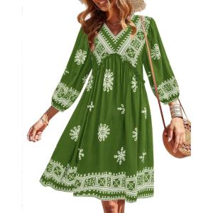 BTFBM Women Casual Spring Summer Dresses V Neck 3/4 Long Sleeve Ruffle Floral Flowy Boho Babydoll Mini Short Beach Dress(Print Green)