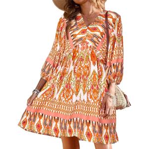 BTFBM Women Casual Spring Summer Dresses V Neck 3/4 Long Sleeve Ruffle Floral Flowy Boho Babydoll Mini Short Beach Dress(Print Orange)
