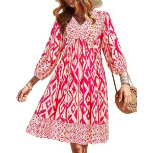 BTFBM Women Casual Spring Summer Dresses V Neck 3/4 Long Sleeve Ruffle Floral Flowy Boho Babydoll Mini Short Beach Dress(Print Rose Red)