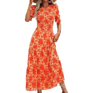 BTFBM Women Casual Summer Dresses 2026 Spring Crew Neck Ruffle Short Sleeve Smocked Floral Boho Flowy Maxi Dress Clothes(Big Floral Orange)