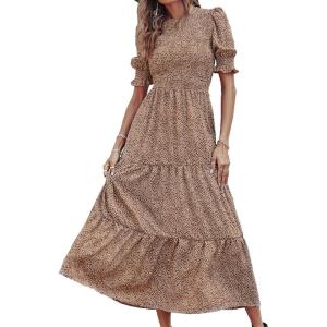 BTFBM Women Casual Summer Dresses 2026 Spring Crew Neck Ruffle Short Sleeve Smocked Floral Boho Flowy Maxi Dress Clothes(Dot Apricot Brown)
