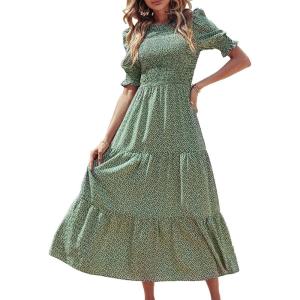 BTFBM Women Casual Summer Dresses 2026 Spring Crew Neck Ruffle Short Sleeve Smocked Floral Boho Flowy Maxi Dress Clothes(Dot Green White)