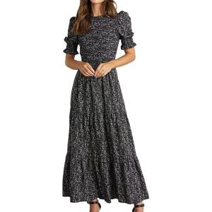 BTFBM Women Casual Summer Dresses 2026 Spring Crew Neck Ruffle Short Sleeve Smocked Floral Boho Flowy Maxi Dress Clothes(Floral Black White)