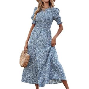 BTFBM Women Casual Summer Dresses 2026 Spring Crew Neck Ruffle Short Sleeve Smocked Floral Boho Flowy Maxi Dress Clothes(Floral Blue White)