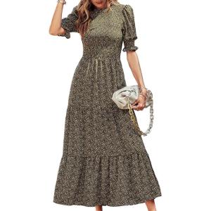 BTFBM Women Casual Summer Dresses 2026 Spring Crew Neck Ruffle Short Sleeve Smocked Floral Boho Flowy Maxi Dress Clothes(Floral Green)