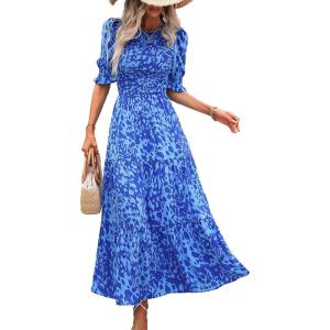 BTFBM Women Casual Summer Dresses 2026 Spring Crew Neck Ruffle Short Sleeve Smocked Floral Boho Flowy Maxi Dress Clothes(Print Blue)