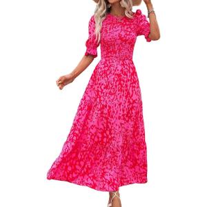 BTFBM Women Casual Summer Dresses 2026 Spring Crew Neck Ruffle Short Sleeve Smocked Floral Boho Flowy Maxi Dress Clothes(Print Rose Red)