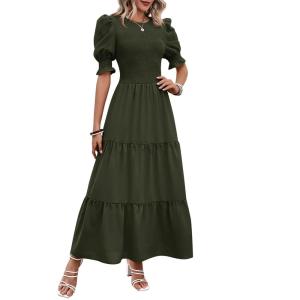 BTFBM Women Casual Summer Dresses 2026 Spring Crew Neck Ruffle Short Sleeve Smocked Floral Boho Flowy Maxi Dress Clothes(Solid Army Green)