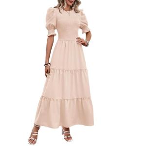 BTFBM Women Casual Summer Dresses 2026 Spring Crew Neck Ruffle Short Sleeve Smocked Floral Boho Flowy Maxi Dress Clothes(Solid Beige)