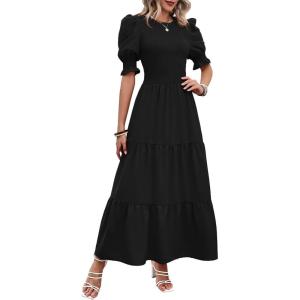 BTFBM Women Casual Summer Dresses 2026 Spring Crew Neck Ruffle Short Sleeve Smocked Floral Boho Flowy Maxi Dress Clothes(Solid Black)
