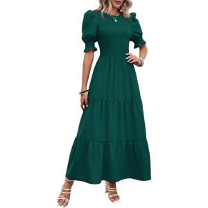 BTFBM Women Casual Summer Dresses 2026 Spring Crew Neck Ruffle Short Sleeve Smocked Floral Boho Flowy Maxi Dress Clothes(Solid Dark Green)