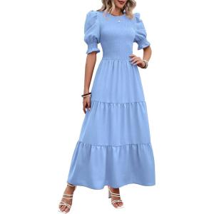 BTFBM Women Casual Summer Dresses 2026 Spring Crew Neck Ruffle Short Sleeve Smocked Floral Boho Flowy Maxi Dress Clothes(Solid Light Blue)
