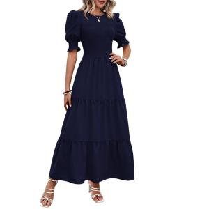 BTFBM Women Casual Summer Dresses 2026 Spring Crew Neck Ruffle Short Sleeve Smocked Floral Boho Flowy Maxi Dress Clothes(Solid Navy)