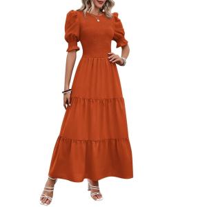 BTFBM Women Casual Summer Dresses 2026 Spring Crew Neck Ruffle Short Sleeve Smocked Floral Boho Flowy Maxi Dress Clothes(Solid Orange)
