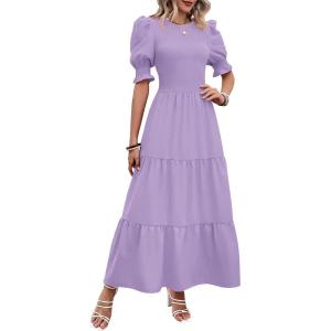 BTFBM Women Casual Summer Dresses 2026 Spring Crew Neck Ruffle Short Sleeve Smocked Floral Boho Flowy Maxi Dress Clothes(Solid Purple)