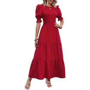BTFBM Women Casual Summer Dresses 2026 Spring Crew Neck Ruffle Short Sleeve Smocked Floral Boho Flowy Maxi Dress Clothes(Solid Red)