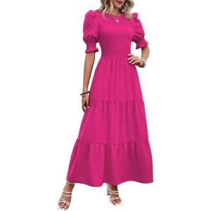 BTFBM Women Casual Summer Dresses 2026 Spring Crew Neck Ruffle Short Sleeve Smocked Floral Boho Flowy Maxi Dress Clothes(Solid Rose Red)
