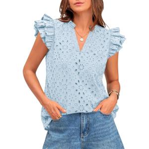 BTFBM Women Eyelet Spring Summer Tops Dressy Casual V Neck Ruffle Cap Sleeve Cotton Boho Shirts Embroidered Blouses 2026(Light Blue)