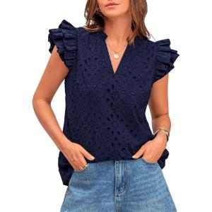 BTFBM Women Eyelet Spring Summer Tops Dressy Casual V Neck Ruffle Cap Sleeve Cotton Boho Shirts Embroidered Blouses 2026(Navy)