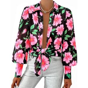 BTFBM Women Fashion Button Down Shirts V Neck Printed Solid Boho Long Sleeve Blouses Dressy Casual Summer Fall Tops(Big Floral Black Pink)