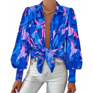 BTFBM Women Fashion Button Down Shirts V Neck Printed Solid Boho Long Sleeve Blouses Dressy Casual Summer Fall Tops(Floral Blue Pink)