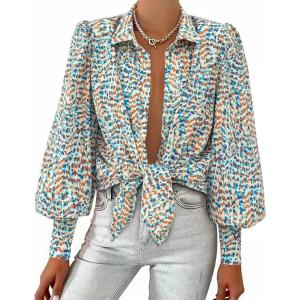 BTFBM Women Fashion Button Down Shirts V Neck Printed Solid Boho Long Sleeve Blouses Dressy Casual Summer Fall Tops(Floral Blue White)