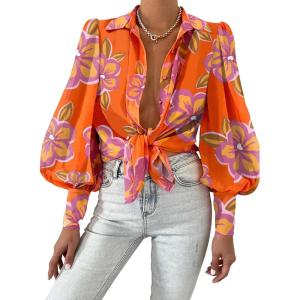 BTFBM Women Fashion Button Down Shirts V Neck Printed Solid Boho Long Sleeve Blouses Dressy Casual Summer Fall Tops(Floral Orange Purple)