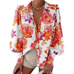 BTFBM Women Fashion Button Down Shirts V Neck Printed Solid Boho Long Sleeve Blouses Dressy Casual Summer Fall Tops(Floral White Red)