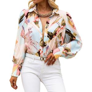 BTFBM Women Fashion Button Down Shirts V Neck Printed Solid Boho Long Sleeve Blouses Dressy Casual Summer Fall Tops(Graphic Print)