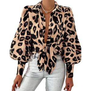 BTFBM Women Fashion Button Down Shirts V Neck Printed Solid Boho Long Sleeve Blouses Dressy Casual Summer Fall Tops(Leopard Print)