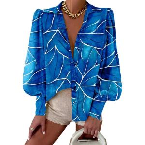 BTFBM Women Fashion Button Down Shirts V Neck Printed Solid Boho Long Sleeve Blouses Dressy Casual Summer Fall Tops(Multi Blue)