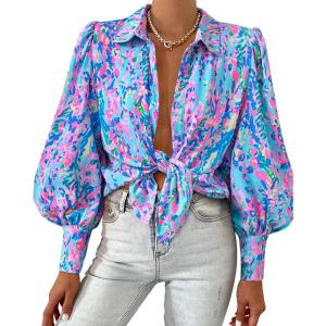 BTFBM Women Fashion Button Down Shirts V Neck Printed Solid Boho Long Sleeve Blouses Dressy Casual Summer Fall Tops(Multi Blue Pink)