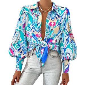 BTFBM Women Fashion Button Down Shirts V Neck Printed Solid Boho Long Sleeve Blouses Dressy Casual Summer Fall Tops(Multi Green Blue)