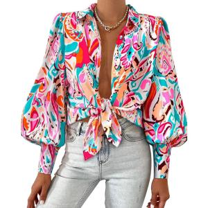 BTFBM Women Fashion Button Down Shirts V Neck Printed Solid Boho Long Sleeve Blouses Dressy Casual Summer Fall Tops(Multi Pink Green)