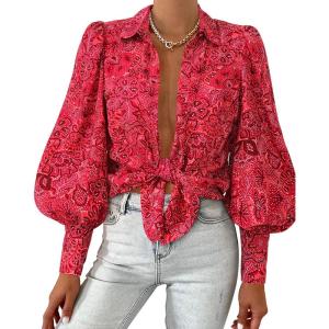 BTFBM Women Fashion Button Down Shirts V Neck Printed Solid Boho Long Sleeve Blouses Dressy Casual Summer Fall Tops(Multi Red)