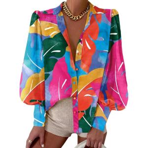 BTFBM Women Fashion Button Down Shirts V Neck Printed Solid Boho Long Sleeve Blouses Dressy Casual Summer Fall Tops(Multicolored)