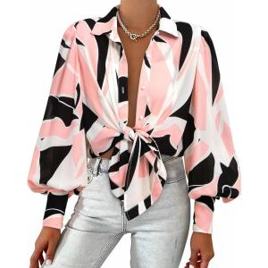BTFBM Women Fashion Button Down Shirts V Neck Printed Solid Boho Long Sleeve Blouses Dressy Casual Summer Fall Tops(Print Black Pink)