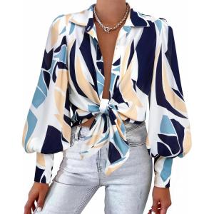 BTFBM Women Fashion Button Down Shirts V Neck Printed Solid Boho Long Sleeve Blouses Dressy Casual Summer Fall Tops(Print Navy)