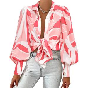 BTFBM Women Fashion Button Down Shirts V Neck Printed Solid Boho Long Sleeve Blouses Dressy Casual Summer Fall Tops(Print Pink)