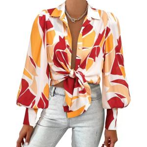 BTFBM Women Fashion Button Down Shirts V Neck Printed Solid Boho Long Sleeve Blouses Dressy Casual Summer Fall Tops(Print Red Brown)