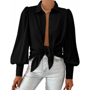 BTFBM Women Fashion Button Down Shirts V Neck Printed Solid Boho Long Sleeve Blouses Dressy Casual Summer Fall Tops(Solid Black)