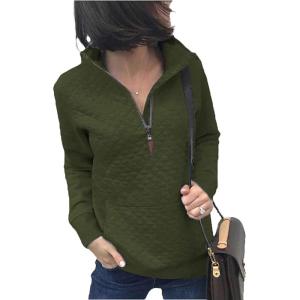 BTFBM Women Fashion Quilted Pattern Lightweight Zipper Long Sleeve Plain Casual Ladies Sweatshirts Pullovers Shirts Tops(Army Green)