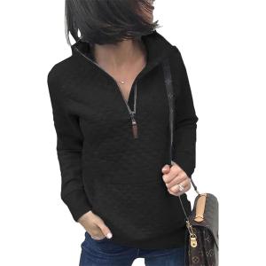 BTFBM Women Fashion Quilted Pattern Lightweight Zipper Long Sleeve Plain Casual Ladies Sweatshirts Pullovers Shirts Tops(Black)