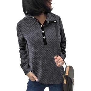 BTFBM Women Fashion Quilted Pattern Lightweight Zipper Long Sleeve Plain Casual Ladies Sweatshirts Pullovers Shirts Tops(Buttons Grey)
